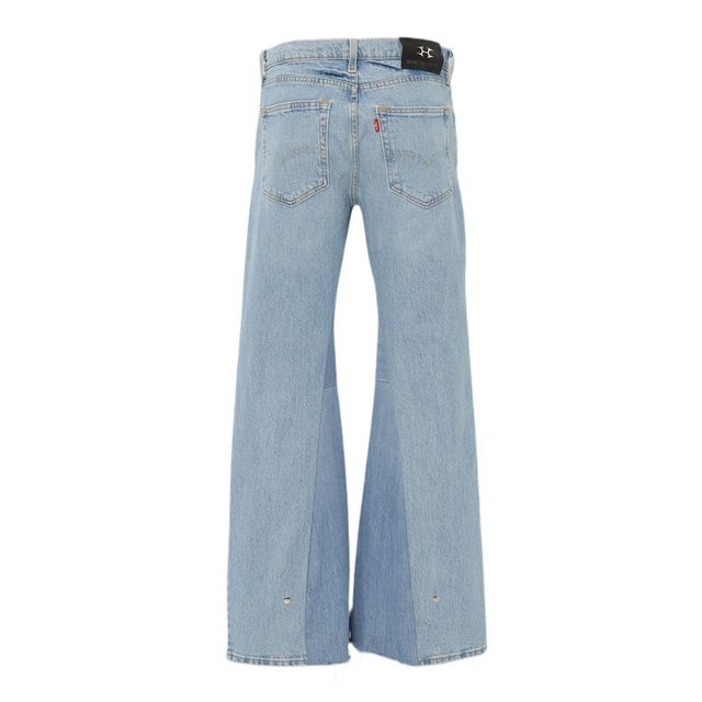 HELIX × WHO WANT IT. LOGO CHARM FLARE DENIM PANTS BLUE