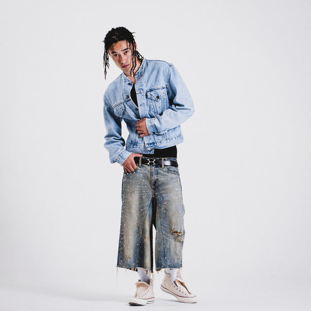 HELIX × WHO WANT IT.  CRYSTAL BAGGY JORTS BLUE